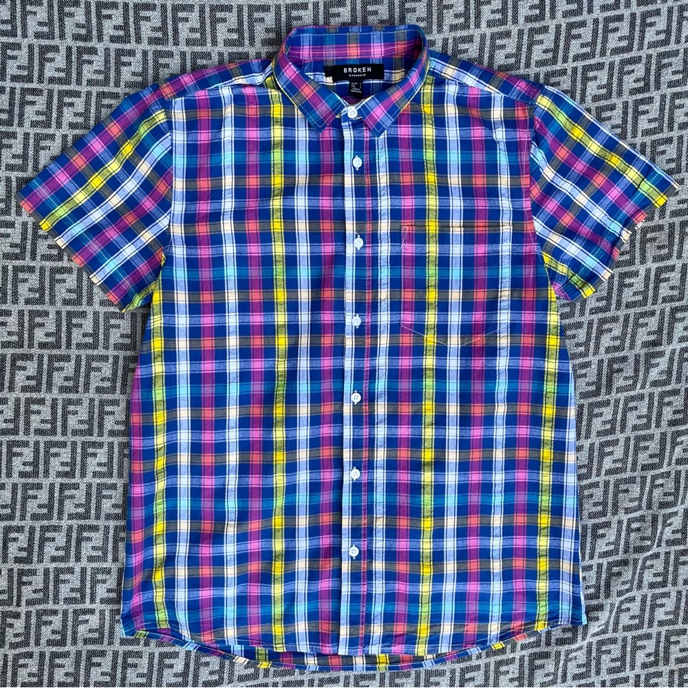 BROKEN STANDARD Short Sleeve Button Down Shirt - Multicolor Plaid - Large